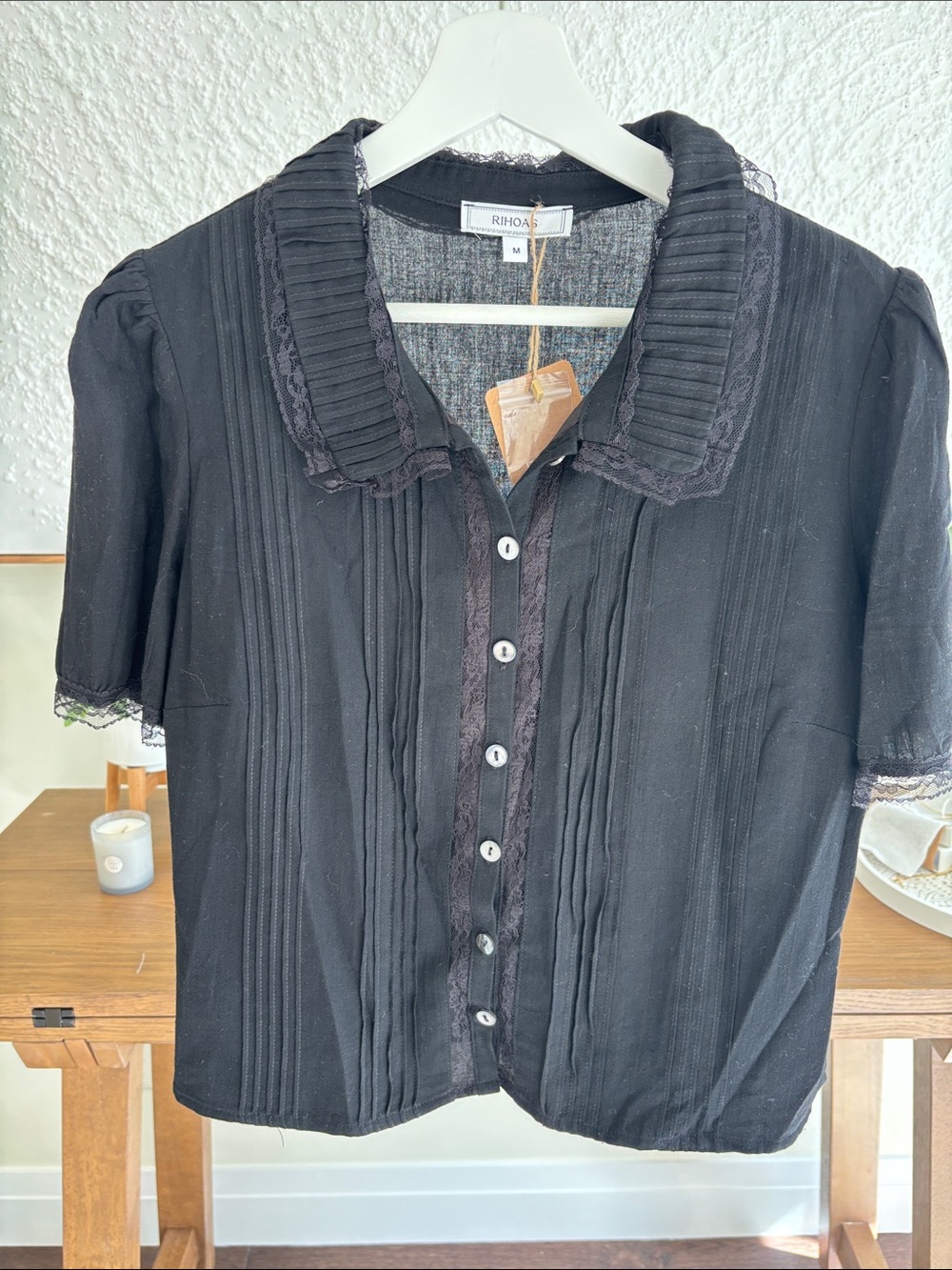 RIHOAS Black Pleated Button-Front Women's Blouse